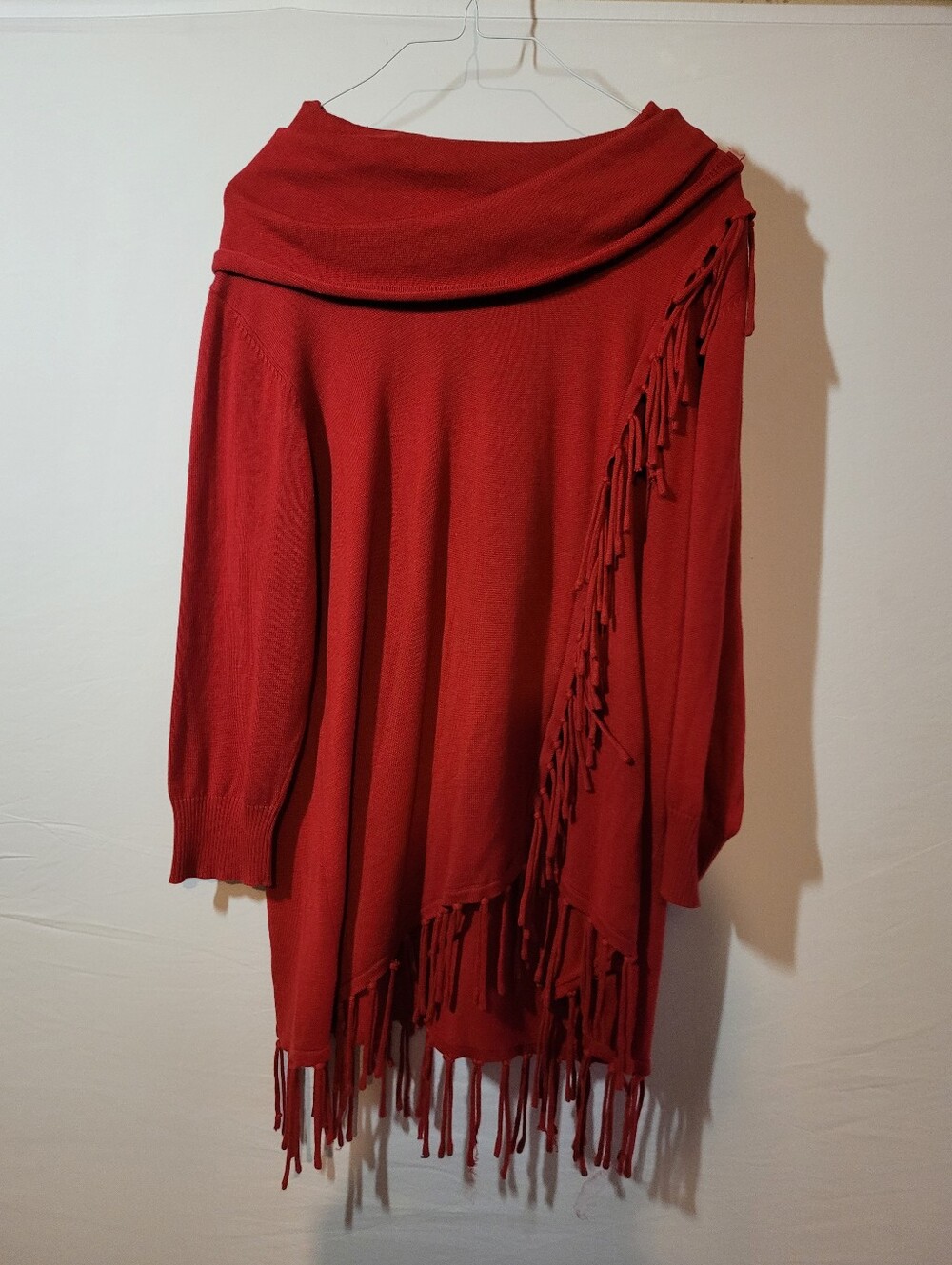 Reba Red Off-Shoulder Fringe Knit Sweater, XL